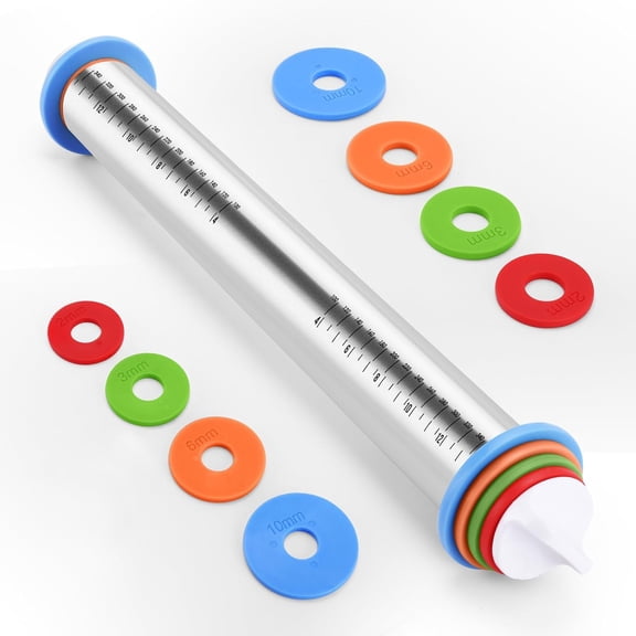 Rolling Pin with Adjustable Thickness Rings for Baking,Stainless Steel Dough Roller,Baking Supplies for Cookie Fondant Pizza Cake Pasta