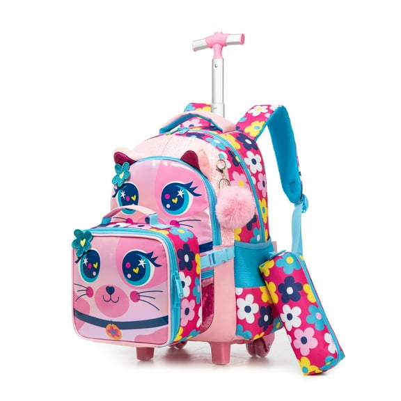 Rolling Pink Backpacks for Girls Kids Backpack with Wheels Lunch Box Pencil Case for Elementary Students Ages 8-10