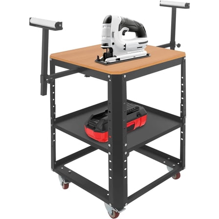 Rolling Planer Stand, 550 lbs Load 2-Tier Tool Stand with 4 Wheels, Height Adjustable Miter Saw Planer Table with 2 Extension Rollers for Most Planers, Saws, -top ,   (Black, Wooden Desktop)