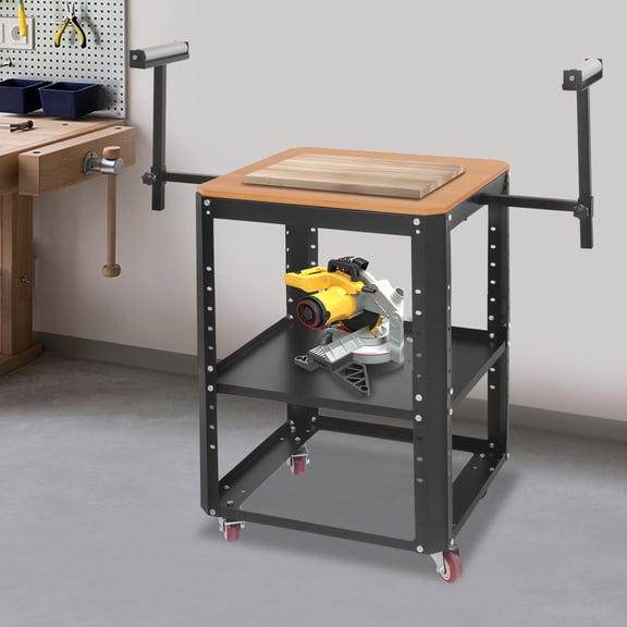 Rolling Planer Stand, 550 lbs Load Portable Chainsaw Mill Stand with Wooden Top 60x60cm, Carbon Steel Frame Workbench w/ Wheels for Planer, Cutting Machine