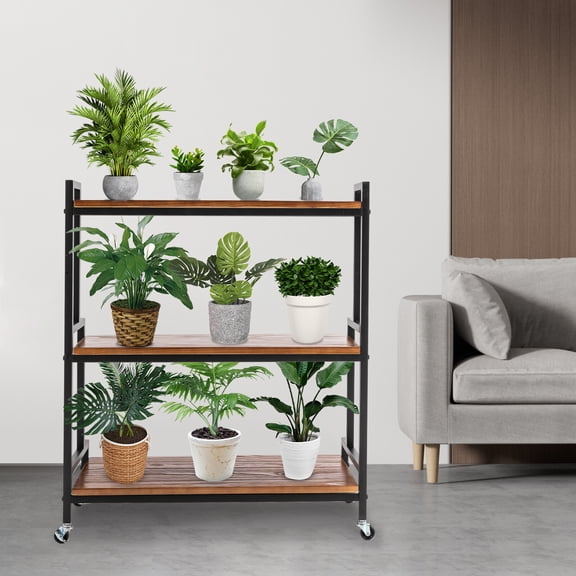 Rolling Plant Stand, Mobile Plant Rack with Wheels, Carbon Steel Frame Pine Wood Shelf, Display Stand for Potted Flowers, Indoor Outdoor Garden Use