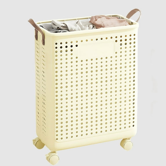 Rolling Plastic Collapsible Laundry Basket Cube Storage Bin Box Organizer with Wheels Handle Durable Ventilated Foldable Hamper for College Dorm Essentials Bedroom Dirty Clothes Medium Capacity