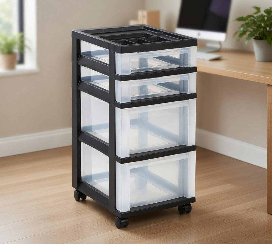 Rolling Plastic Storage Cart with 4 Drawers and Organizer Top, Black ...