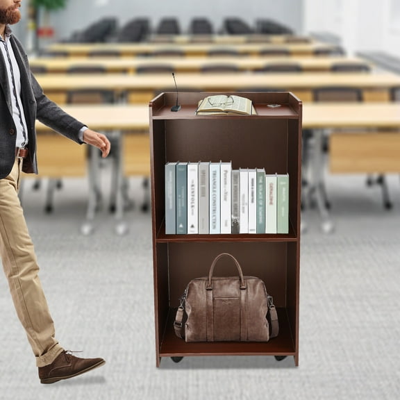 Rolling Podium Stand, Brown, Portable MDF Wood Lectern Conference Debate Stand with Wheels for School