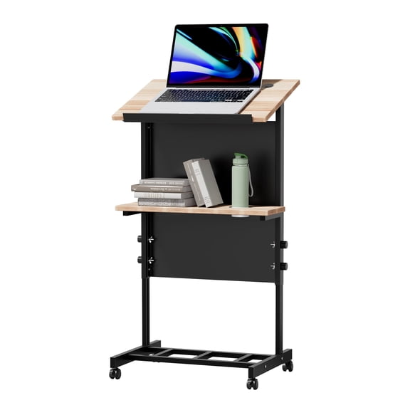 Haooyeah Rolling Podium Stand, Height Adjustable Mobile Desk with Storage Shelf, Cup Holder & Microphone Hole, Lightweight for Office & Classroom