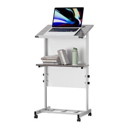 Haooyeah Rolling Podium Stand, Height Adjustable Mobile Desk with Storage Shelf, Cup Holder & Microphone Hole, Lightweight for Office & Classroom
