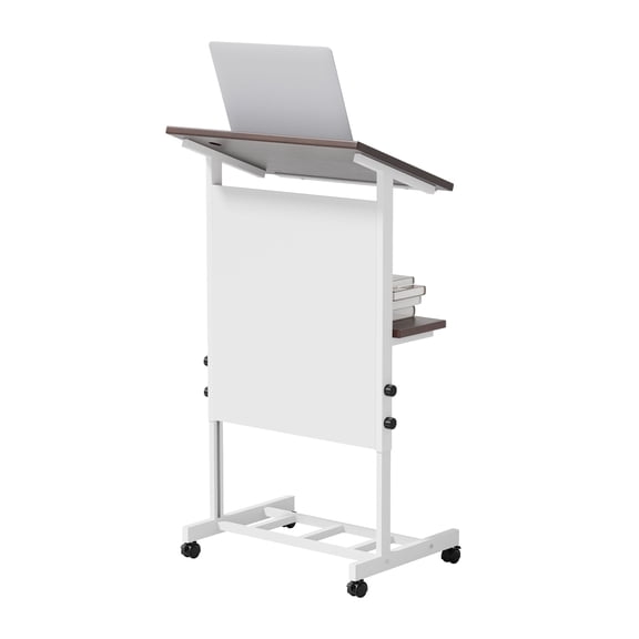 Haooyeah Rolling Podium Stand, Height Adjustable Mobile Desk with Storage Shelf, Cup Holder & Microphone Hole, Lightweight for Office & Classroom