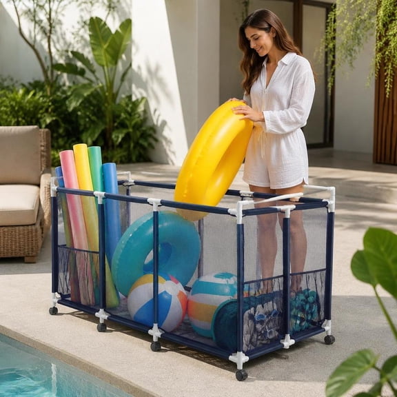 Rolling Pool Float Storage Organizer, 62.6 x 32 x 36 in Mesh Basket with Casters & Side Pockets for Swimming Pool Toys, White and Blue