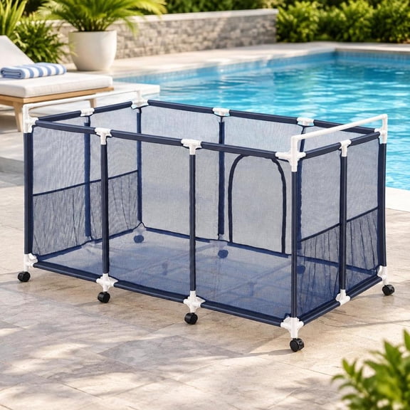 Rolling Pool Float Storage Organizer, 62.6 x 32 x 36 in Mesh Basket with Casters & Side Pockets, for Swimming Pool Toys, White and Blue