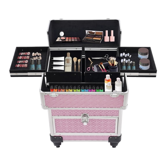Rolling Portable Makeup, Professional Makeup Traveling Case Cosmetic Organizer Trolley Cart Trunk Pink