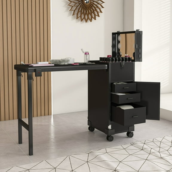 Rolling Portable Nail Table with 360 Wheels and Led Mirror, 4 Drawers Makeup Case with Lock, Makeup Storage Organizer for Manicurist, Technician, Workstation Artist, Black