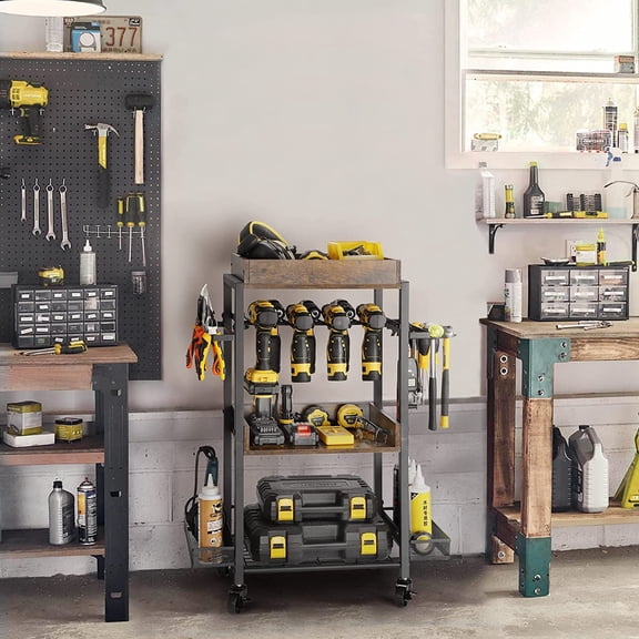 Rolling Power Tool Organizer with Wheels, Rustic Brown Wood Garage Storage Cart for Drills and Accessories