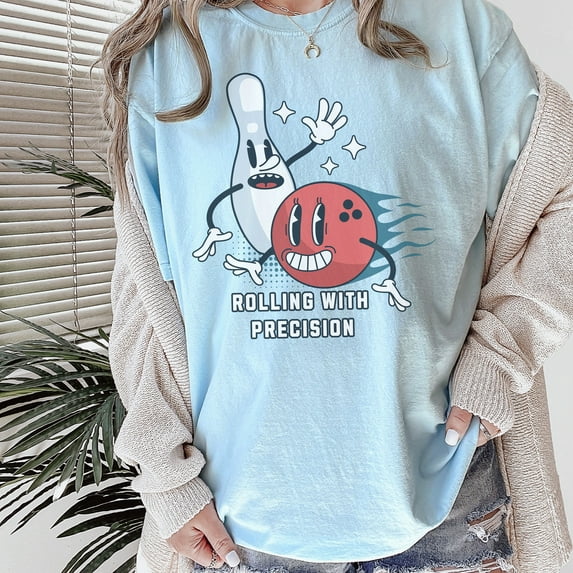 Rolling with Precision Bowling Comfort Colors Shirt, Funny Bowling T-shirt, Classic Retro Bowling Shirt, Unisex Comfort Colors Bowling Tee (Colors:Chambray; Sizes:L;)