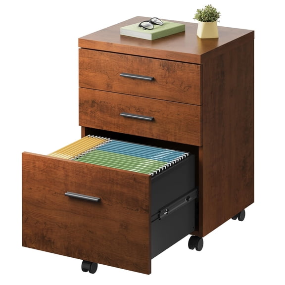 Rolling Printer Stand with Wheels, 3 Drawer File Cabinet for Home Office, Wood Under Desk Filing Cabinet, Mobile Storage Unit for Letter/Legal Files, Workspace Organizer, Brown
