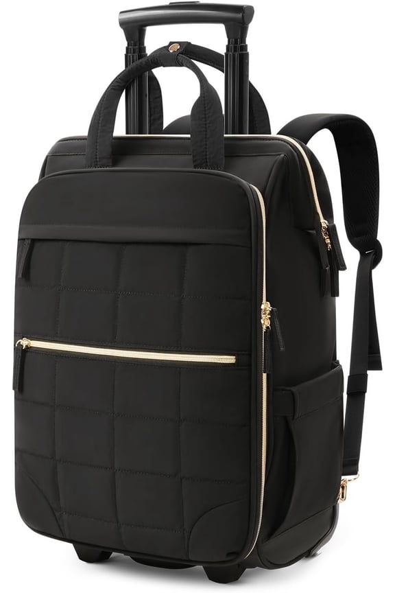 Rolling Puffer Backpack for Women, Wheeled Laptop Backpack, Short-Term Travel Backpack with Wheels, Roller Adults Work Computer Bag, Water Resistant Overnight College Underseat Carry  Luggage, Black