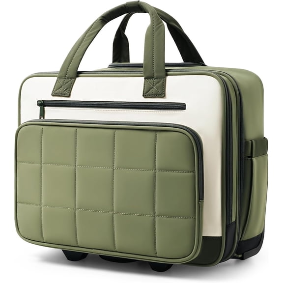 Rolling Puffer Laptop Bag, Rolling Briefcase for Women, Wheeled 16 Inch Bag, Water Resistant Stylish Overnight Underseat Carry Luggage with Wheels for Work Travel Business, Green