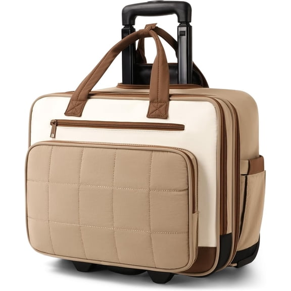 Rolling Puffer Laptop Bag, Rolling Briefcase for Women, Wheeled 16 Inch Computer Bag, Water Resistant Stylish Overnight Underseat Carry  Luggage with Wheels for Work Travel Business, Khaki