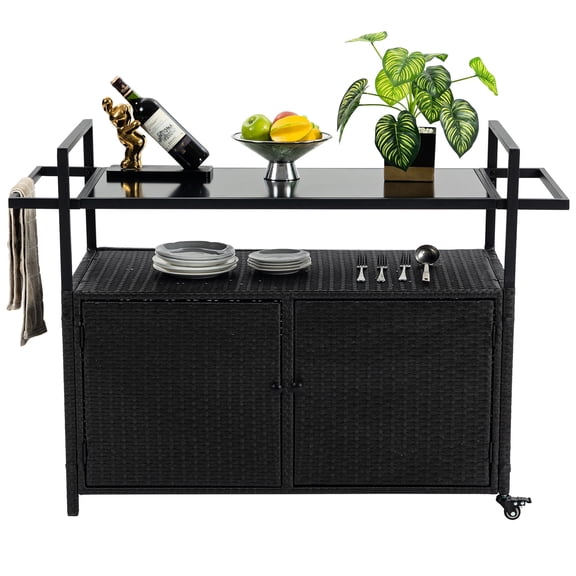 Rolling Rattan Beverage Bar Table | Display Snacks on Glass Top for Outdoor Gatherings | Hand-Woven Wicker Design | Solve Mobility Issue with Multi-Directional Wheels