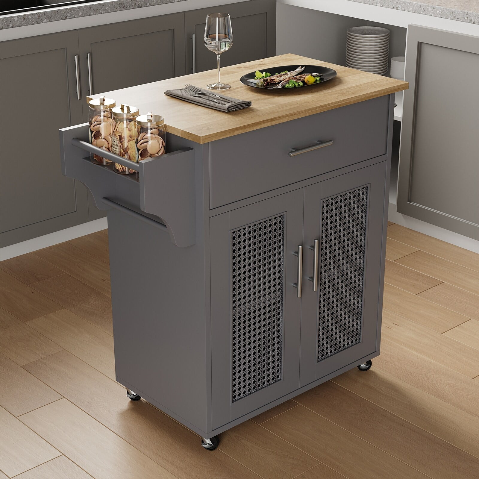Rolling Rattan Kitchen Island with Storage Grey