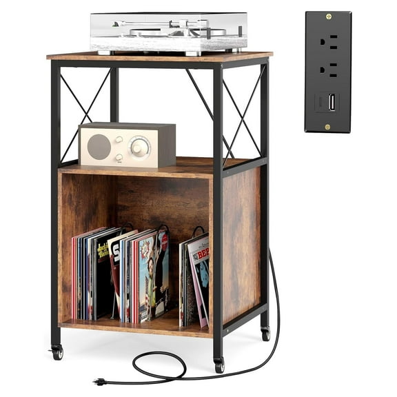 Rolling Record Player Stand with Power Outlet - Mobile Turntable Table with Shelves, Vinyl Storage, Industrial Metal Frame on Wheels for Living Room, Bedroom Rustic Brown & Black