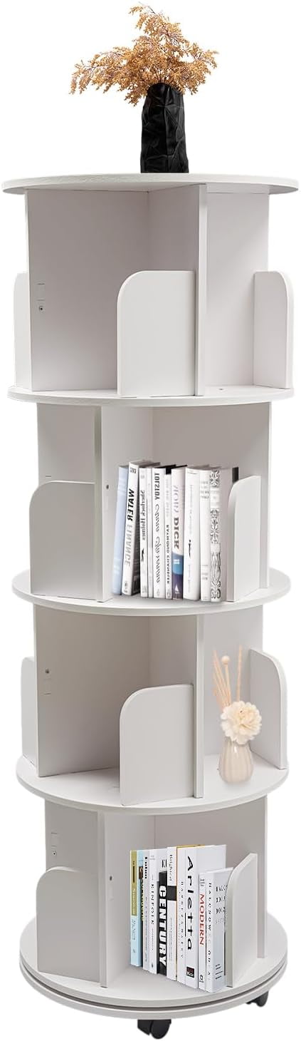 Rolling Rotating Bookshelf 4-Tier 360° Revolving Bookcase with Wheels ...