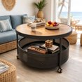 Rolling Round Center Table with Storage Basket, 2 Tier Mobile Table ...
