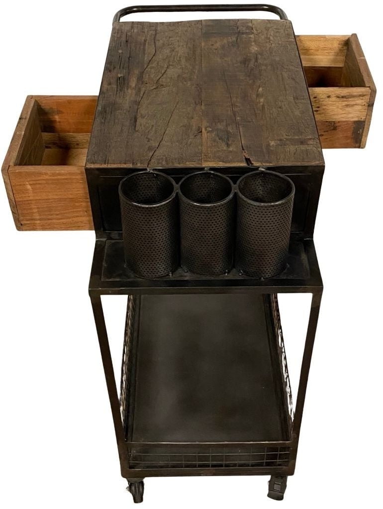 Rustic Black & Natural Wood Bar Cart with Wine Rack and Storage