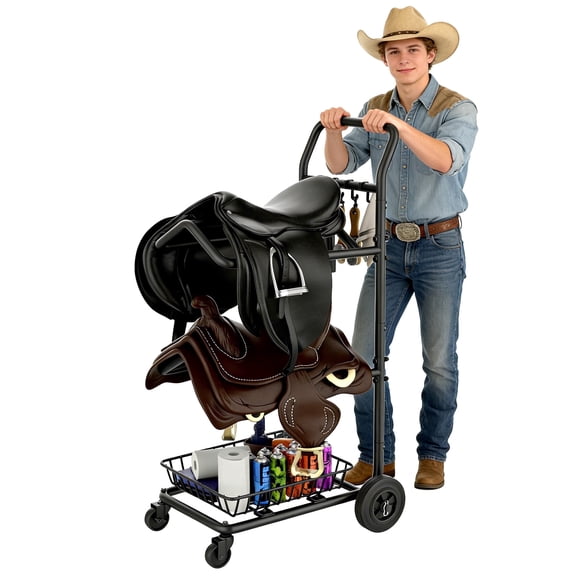 YOHKOH Saddle Rack Stand Heavy Duty 2-Tier with Wheels and Basket, Rolling Horse Tack Cart for Saddles, Pads & Stable Supplies - Portable Organizer