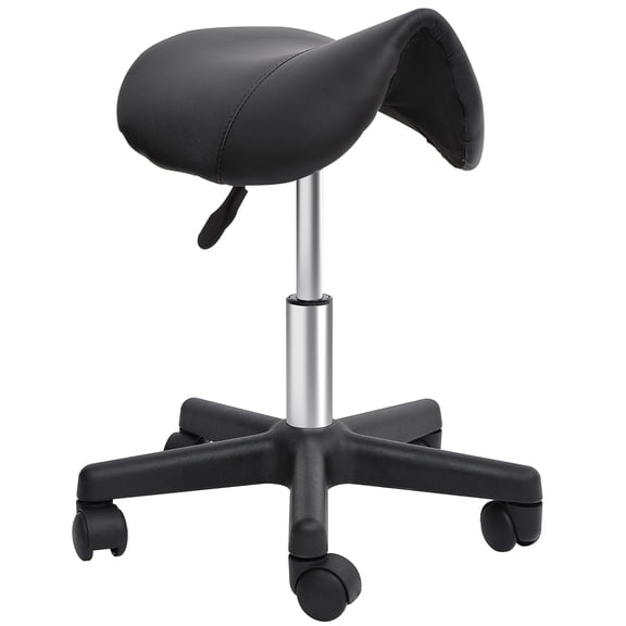 Rolling Saddle Stool with Adjustable Height, Swivel Seat and Caster Wheels, Faux Leather Ergonomic Salon Chair, Black