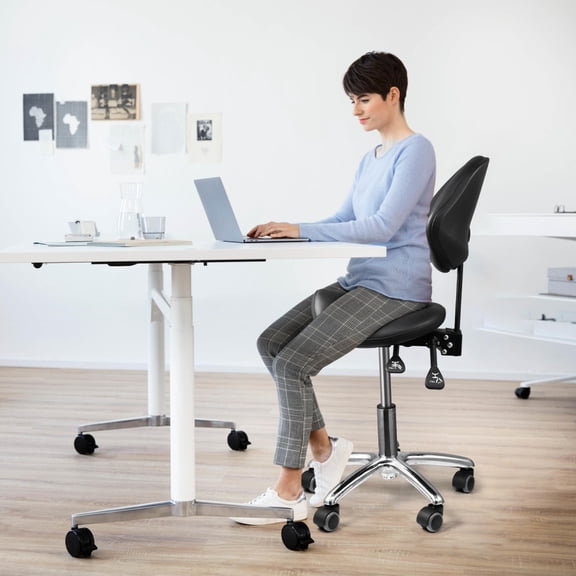 Rolling Saddle Stool with Back Support, Height Adjustable Salon Chair for Hair Stylist, Ergonomic Wheels Chair for Clinic and Tattoo Shop(Black)