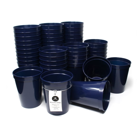 Rolling Sands 16 oz Reusable Plastic Cups, 50 Pack, USA Made, BPA Free Dishwasher Safe Navy Tumblers