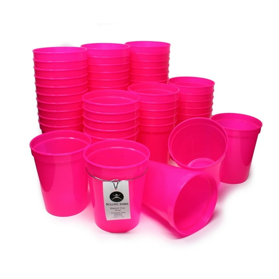 Rolling Sands 16 oz Reusable Plastic Cups, 50 Pack, USA Made, BPA Free Dishwasher Safe Translucent Neon Hot Pink Tumblers