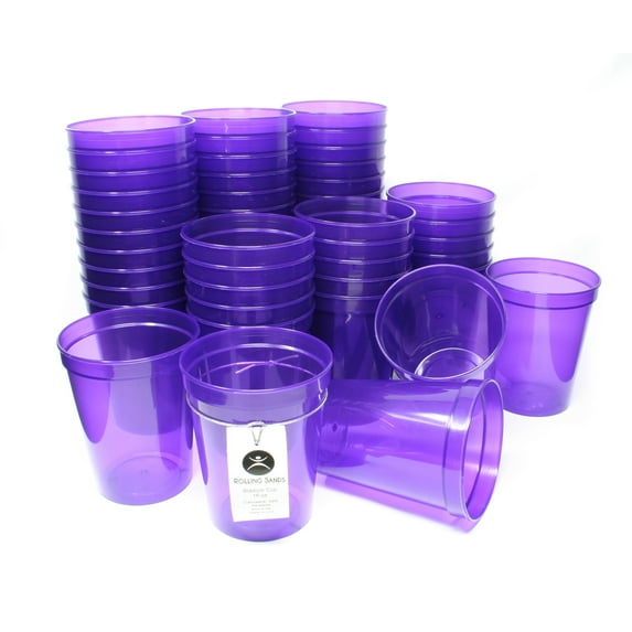 Rolling Sands 16 oz Reusable Plastic Cups, 50 Pack, USA Made, BPA Free Dishwasher Safe Translucent Purple Tumblers