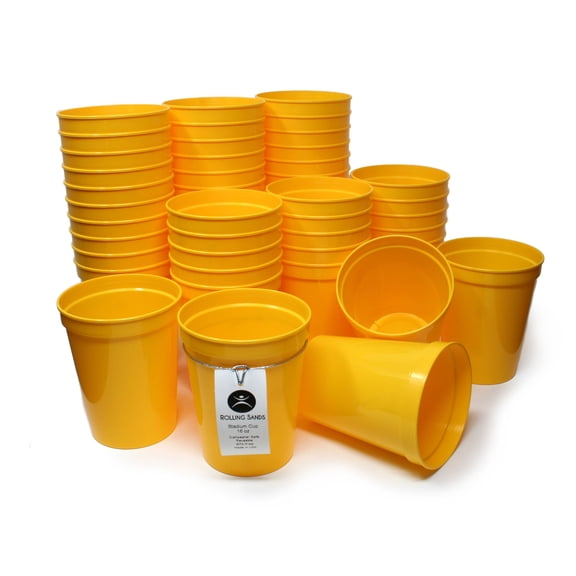Rolling Sands 16 oz Reusable Plastic Cups, 50 Pack, USA Made, BPA Free Dishwasher Safe Yellow Tumblers