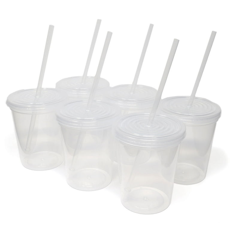 Rolling Sands 16oz Reusable Plastic Cups with Lids, 6 Pack, USA Made; BPA Free Clear Tumblers, Includes 6 Reusable Straws; Dishwasher Safe