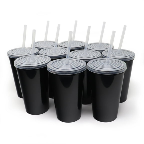 Rolling Sands 22 oz Reusable Plastic Cups with Lids, 10 Pack, USA Made Black Tumblers; Includes 10 Reusable Straws; Dishwasher Safe