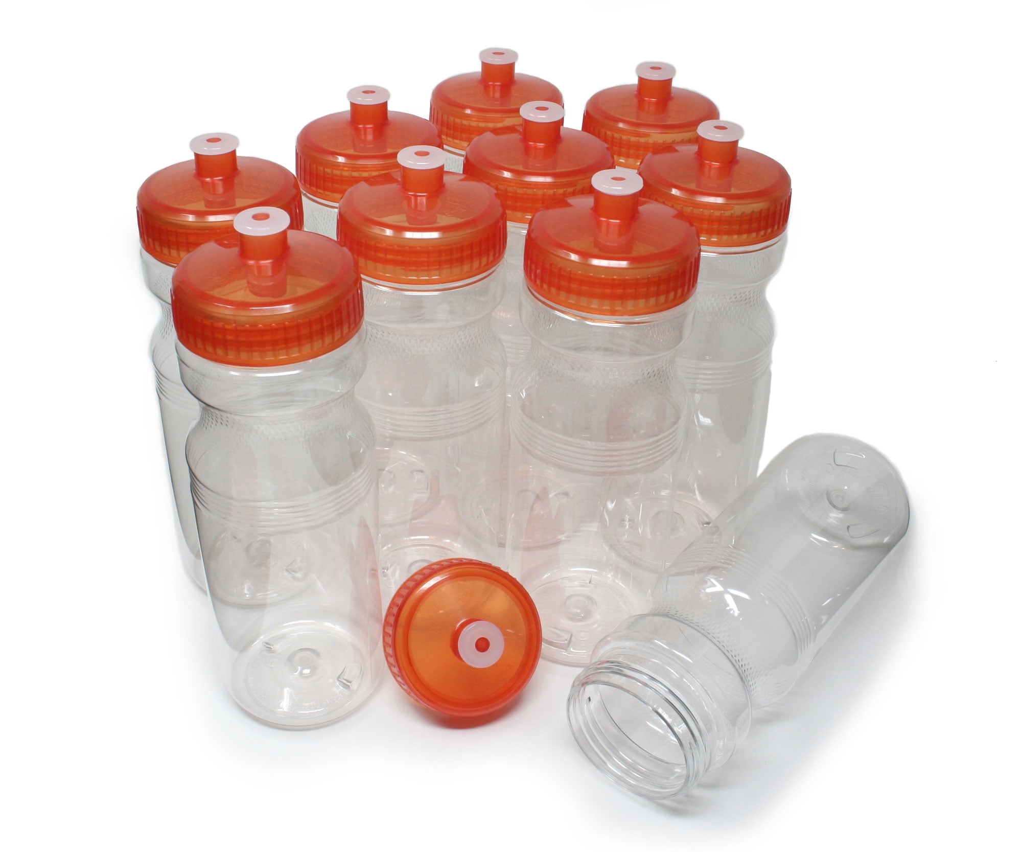 Rolling Sands 24 Fluid Ounce BPA-Free Clear/Orange Sports Water Bottles, Set of 10, Made in USA