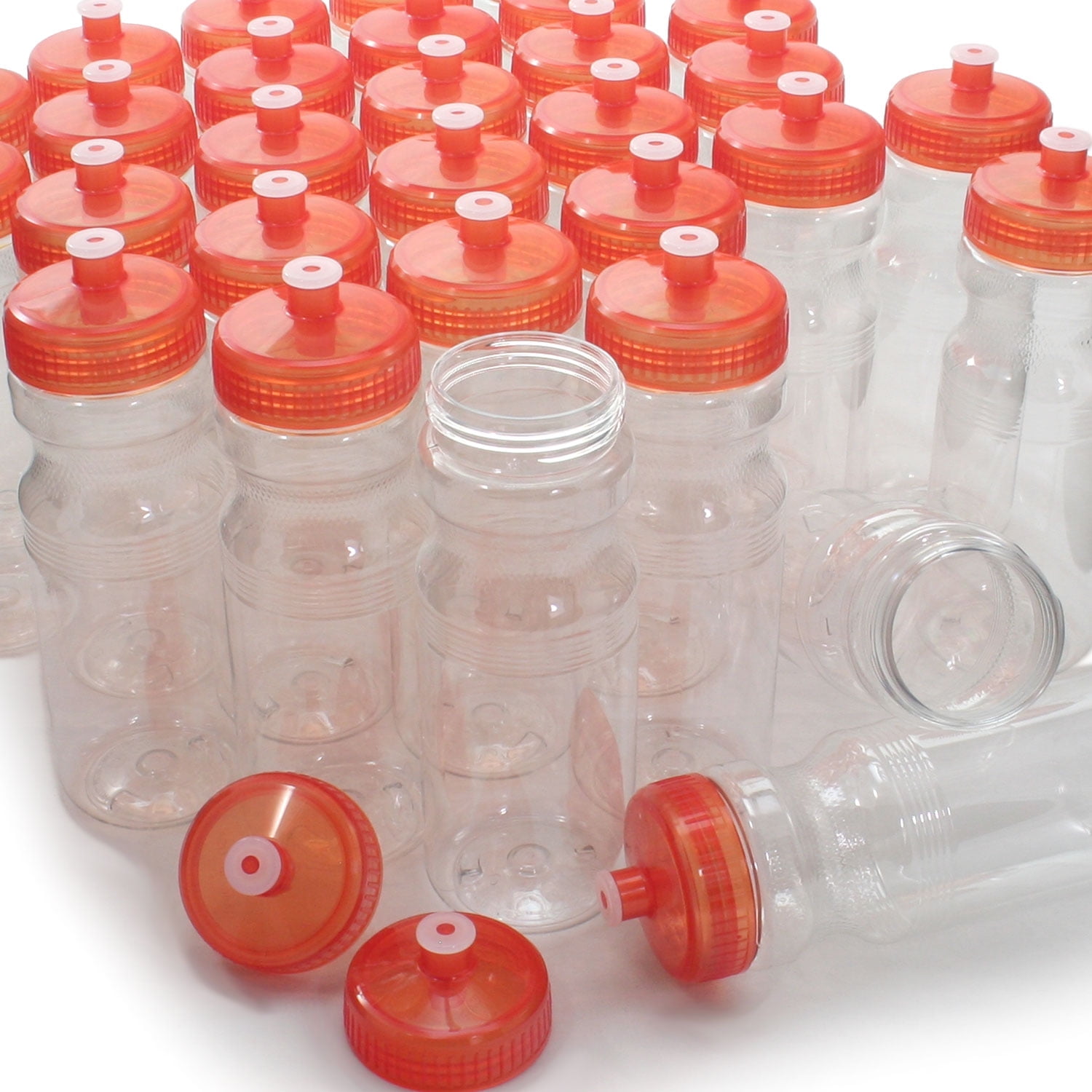 Rolling Sands BPA-Free 24 Fluid Ounce Clear/Orange Sports Water Bottles, Bulk 100 Pack, Made in USA