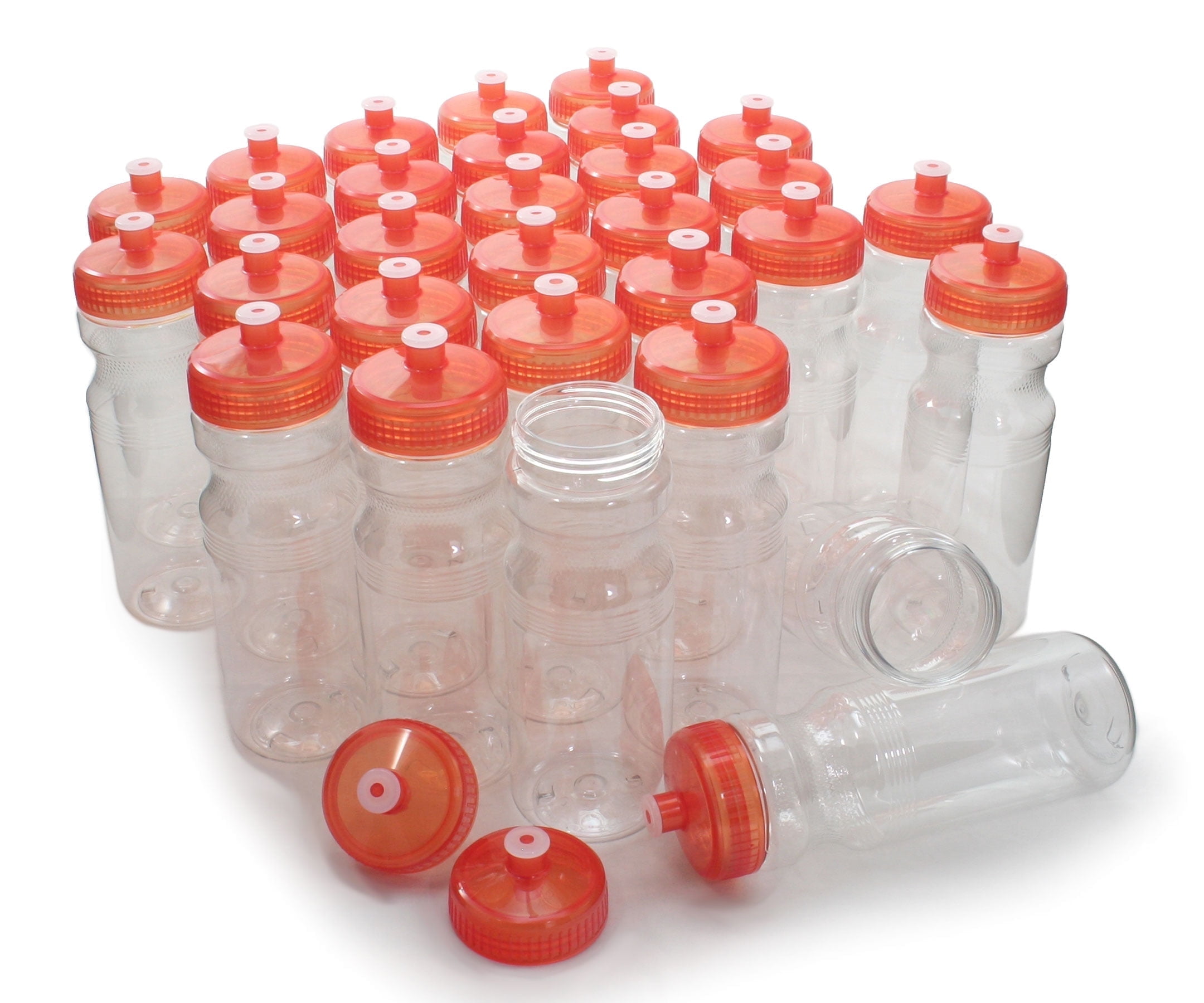Rolling Sands BPA-Free 24 Fluid Ounce Clear/Orange Sports Water Bottles, Bulk 30 Pack, Made in USA