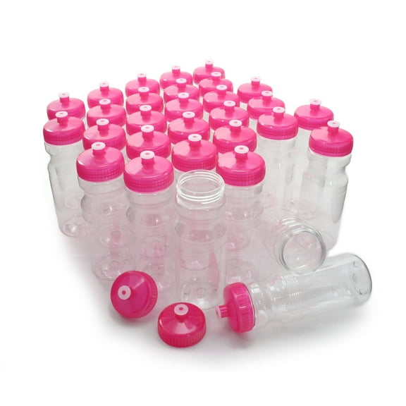 Rolling Sands BPA-Free 24 Fluid Ounce Clear/Pink Sports Water Bottles, Bulk 30 Pack, Made in USA