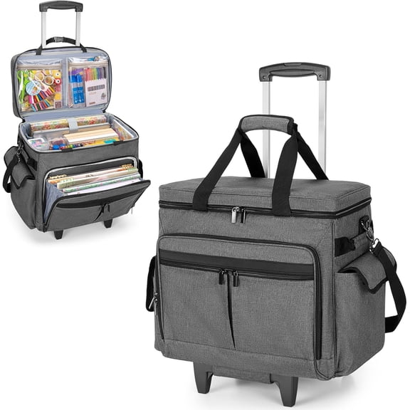 Rolling Scrapbook Tote with Expandable File Pocket, Large Craft Organizer and Storage Bag with Detachable Trolley for Scrapbooking Supplies and Art Tools
