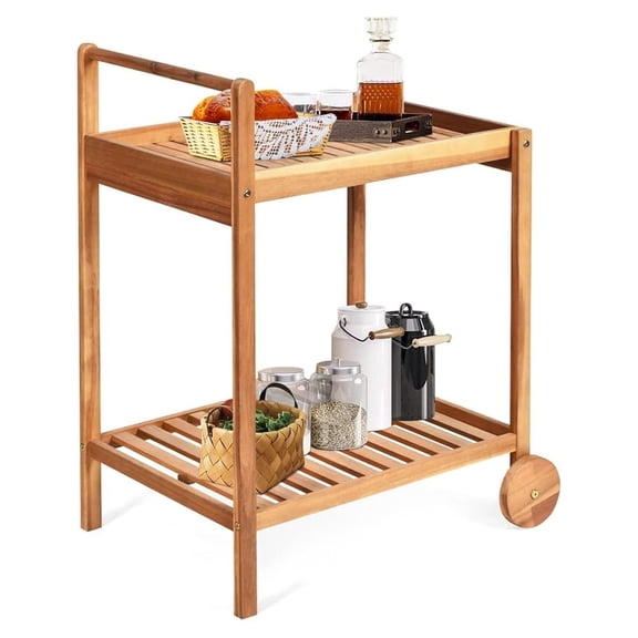 Rolling Serving Cart, Solid Wood Home Bar Cart with Handle with 2 Trays, Portable Serving Trolley for Kitchen, Dining Room, Patio, Teak