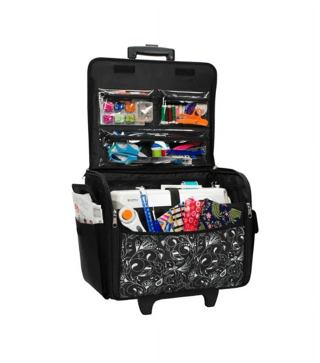 Rolling Sewing Machine Storage and Transport Tote, Black & White with