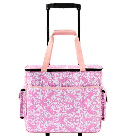Rolling Sewing Machine Totes - Pink Damask