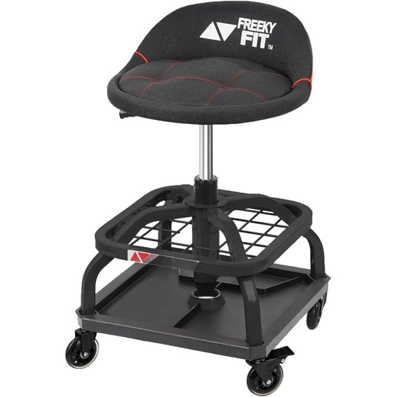 Rolling Shop Stool with Wheels, Garage Work Mechanic Stool with Backrest, Roller Mechanic Chair, Adjustable Height, 360? Swivel, Tool Tray Storage, 330 LBS Capacity, Heavy Duty, Black