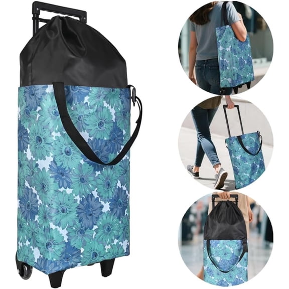 Rolling Shopping Bag, Small Shopping Cart with Wheels,Collapsible Portable Tote for Market & Grocery Runs- for Women & Seniors(Flower&Expandable Bag)