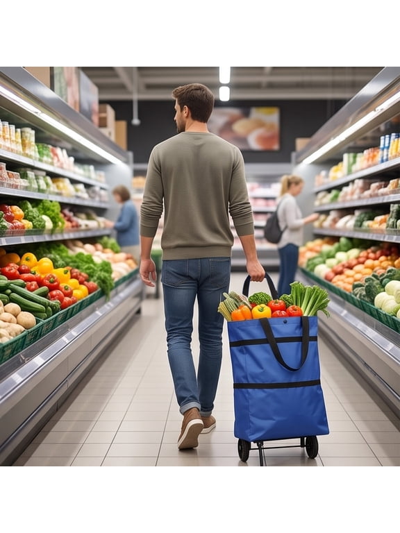 Rolling Shopping Bag with Wheels, Blue Foldable Reusable Tote, 16.34 in Large Capacity Grocery Bag for Supermarket Travel