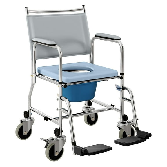 Rolling Shower Chair, Bedside Commode Wheelchair for Seniors - 3-in-1 Adjustable Padded Seat with Backrest, 300 lb Capacity, Gray