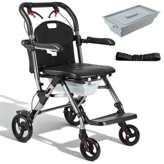 Rolling Shower Commode Chair, 3in1 Foldable Bedside Toilet Chair with 4 Lockable Wheels for Elderly & Disabled Adults, 330 LBS Capacity