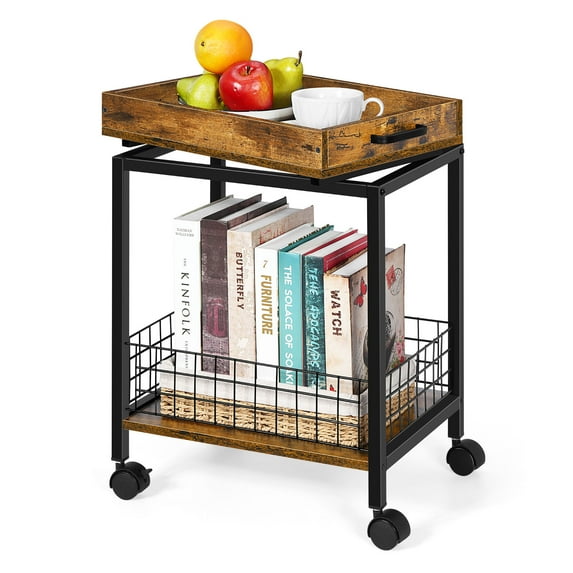 Rolling Side Table End Table w/Removable Serving Tray Nightstand Storage Shelf